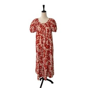 The Great Seascape Floral Crinkle Cotton Dress Burnt Red Hibuscus Flower XS